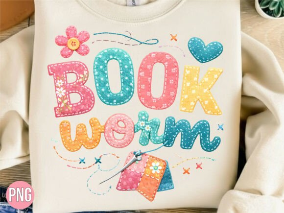 Cute Pastel Bookworm Embroidery PNG