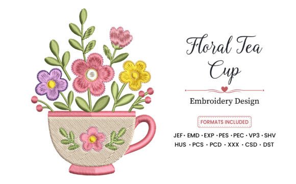 Floral Tea Cup Embroidery Design
