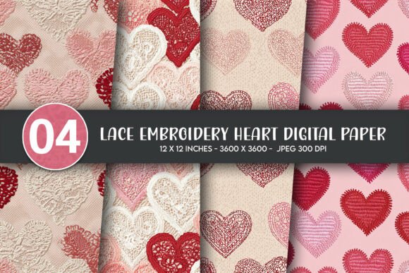 Lace Embroidery Heart Digital Paper